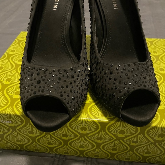 Black Gemstone Bedazzled Peeptoe Heels - Picture 4 of 10